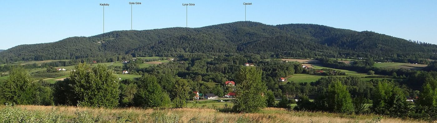 Masyw Ciecienia widziany od strony Skrzydlnej — sylwetka góry w letni sierpniowy poranek.