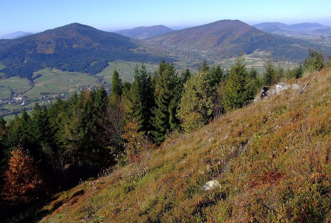 Widok z Łopienia (polana Widny Zrąbek) na Ćwilin, Śnieżnicę i Lubogoszcz w jesiennych barwach.