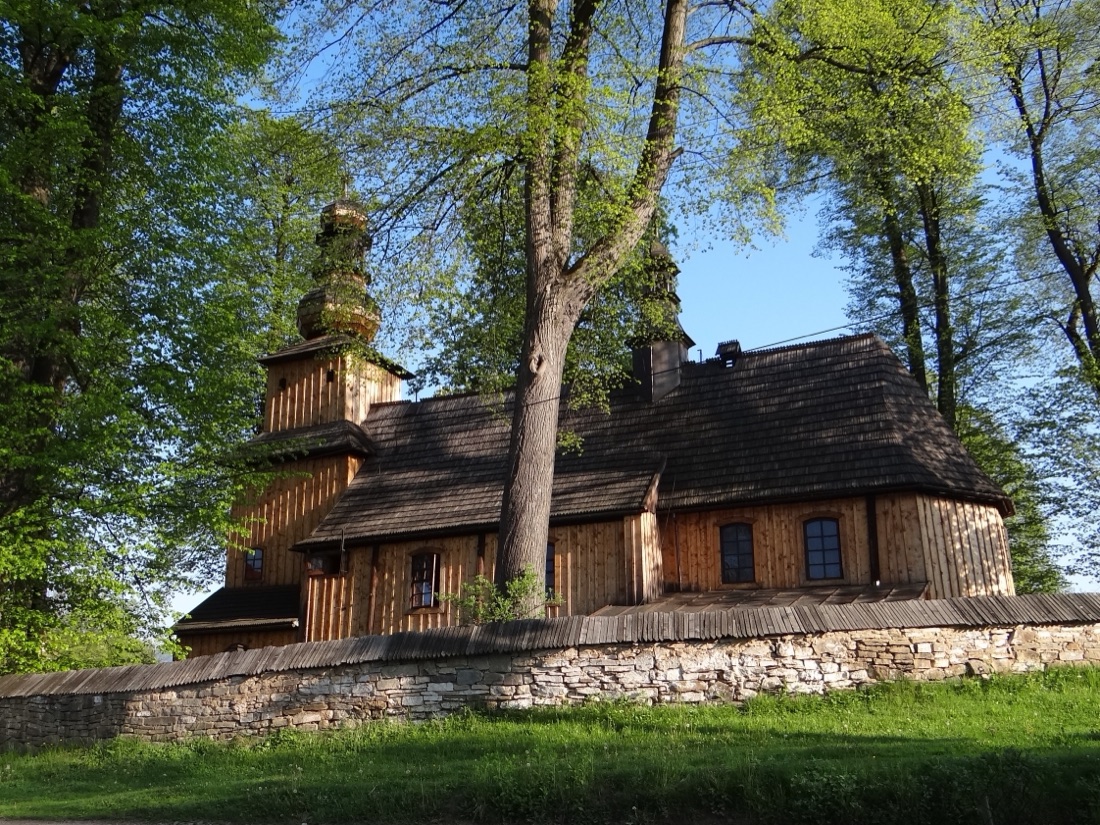 Kościół od boku, zza kamiennego muru — cała bryła obita gontem, w otoczeniu starych drzew.